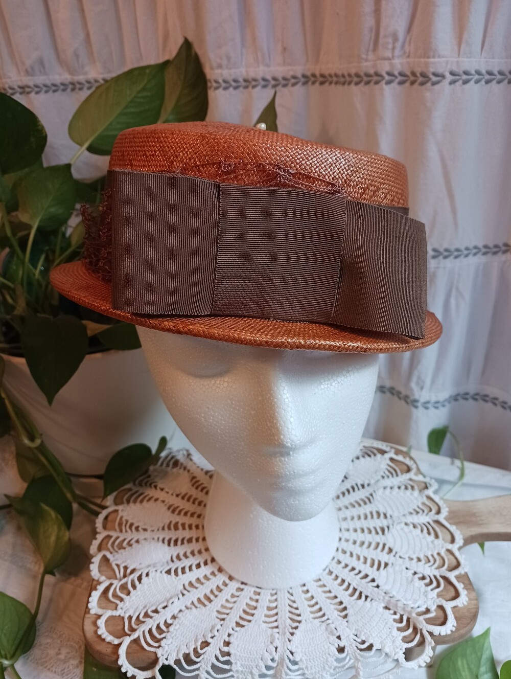 Vintage 50s Boater Hat Womens Orange Rust Color Brown Bow Net Band Detail